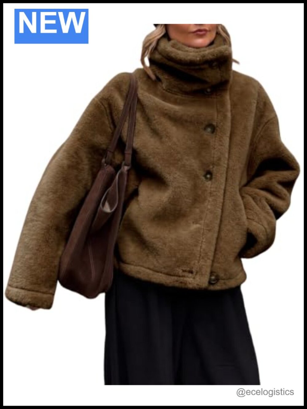 Womens Oversized Sherpa Jacket Stand Collar Fuzzy Winter Coat Button Front